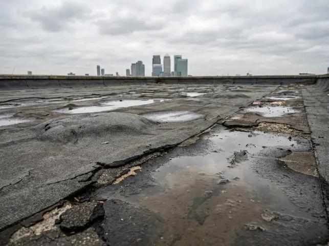 Damaged flat roof with pooling water